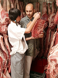 Find-Best-Lesbians.com presents: Teenage brunette gets dirty with the butcher his big meat