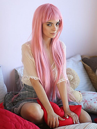 Find-Best-Lesbians.com presents: Teen sweetheart with a long pink hair gets nude and flashes her gorgeous breasts and pussy