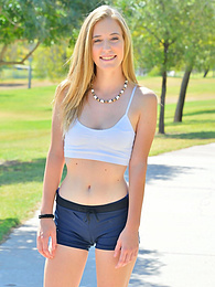 Find-Best-Lesbians.com presents: Sporty blonde babe Dakota strips her clothes and flaunts her hot body outdoors