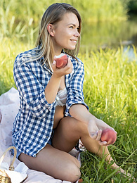 Find-Best-Lesbians.com presents: Skinny blonde Paulina gets naked on a blanket in a field of wheat